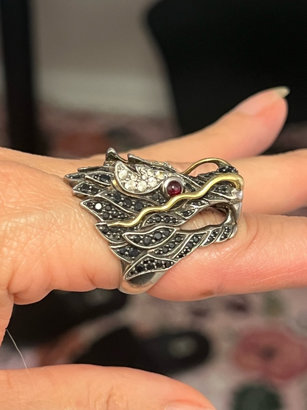 John Hardy Silver Naga Dragon Ring with Gold Accents and Ruby Gem Eyes